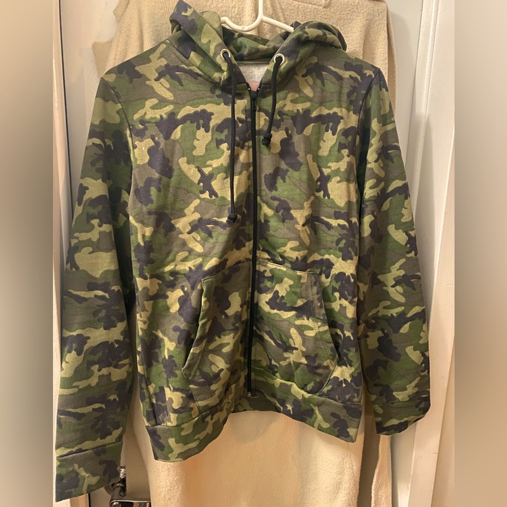 Army print zip up hoodie- Intermix boutique